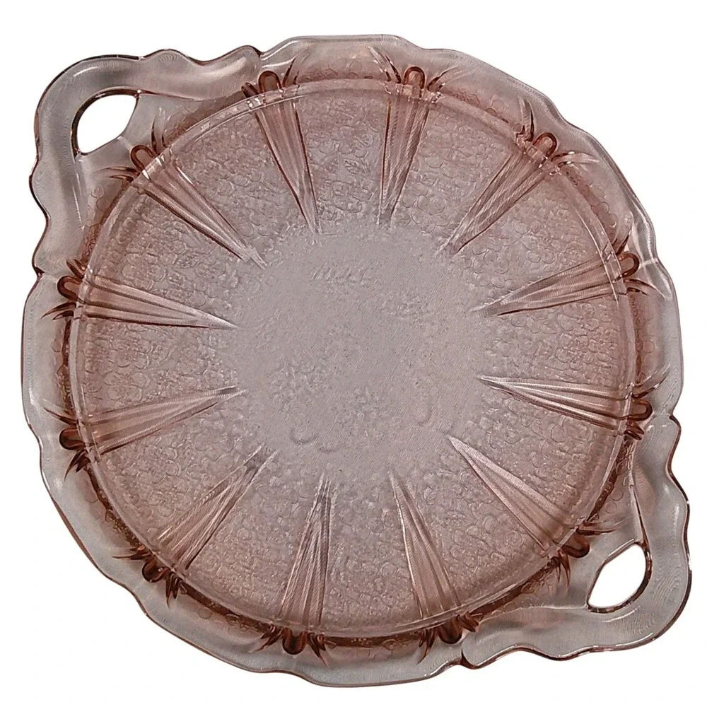 Jeannette Cherry Blossom Cake Plate 10.5in Pink Glass Vintage 2-Handle
